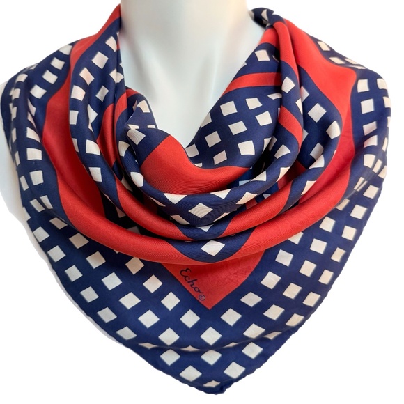 Echo Accessories - Vintage Echo Red, White & Blue Geometric Scarf – Hand Rolled Edges